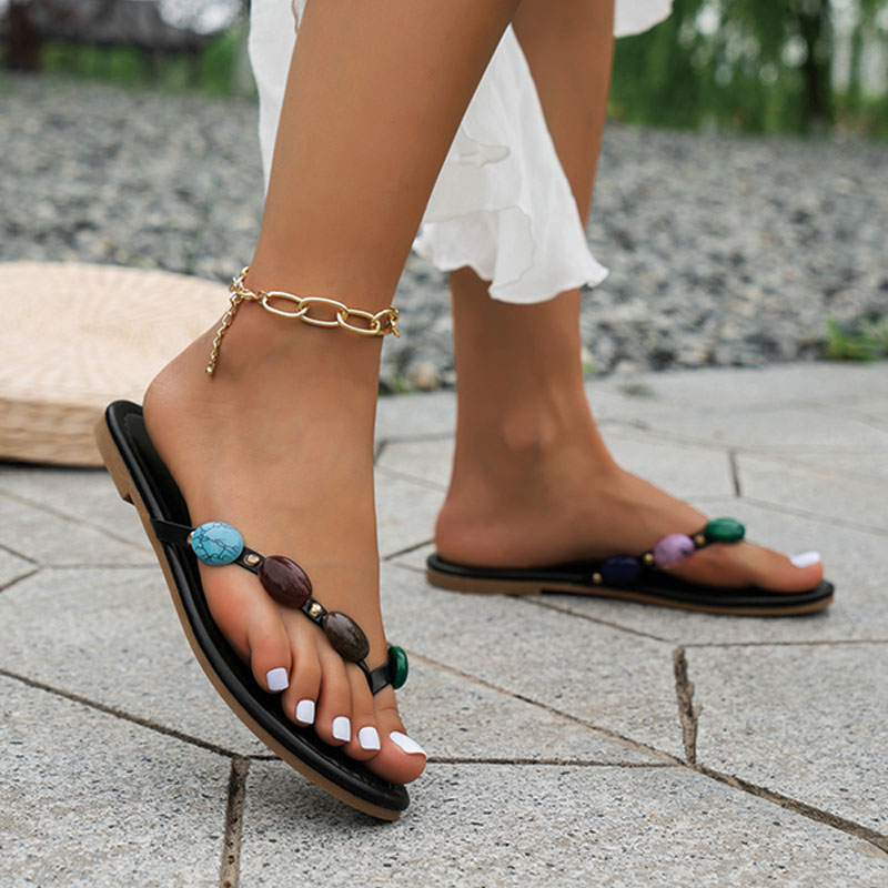 Shoeswoon Boho Multicolor Stone Decor Thong Flat Flip Flop Sandals