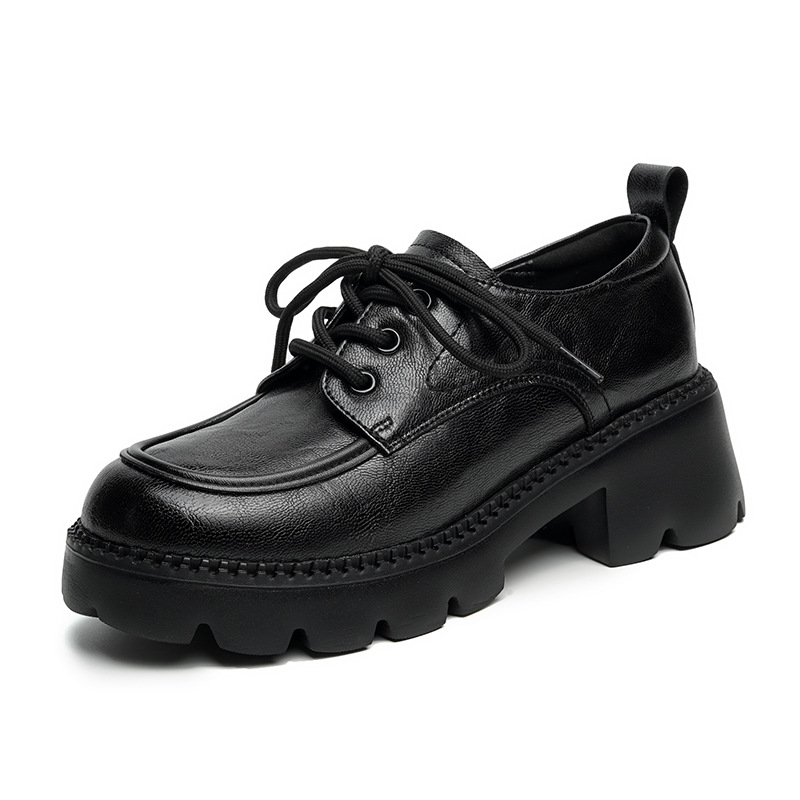 Shoeswoon Round Toe Stitched Trim Lace‑Up Thick Serrated Sole High Block Heel Retro Oxfords