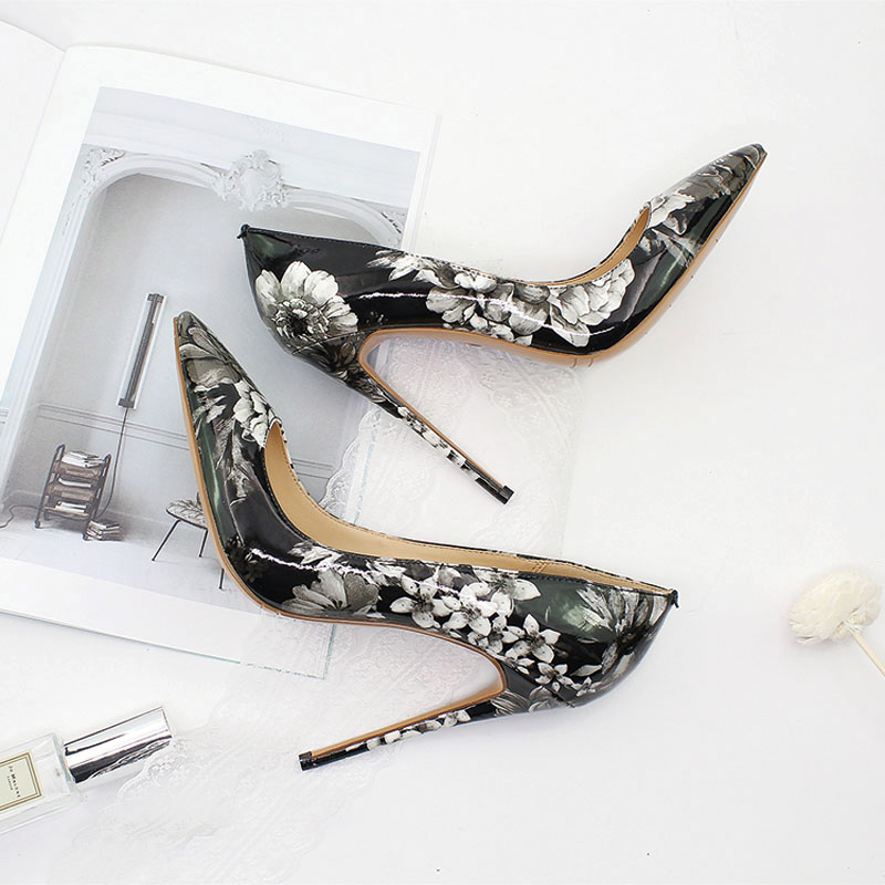 Shoeswoon Colorful Floral Print Patent Pointed Toe Slim Stiletto High Heel Pumps