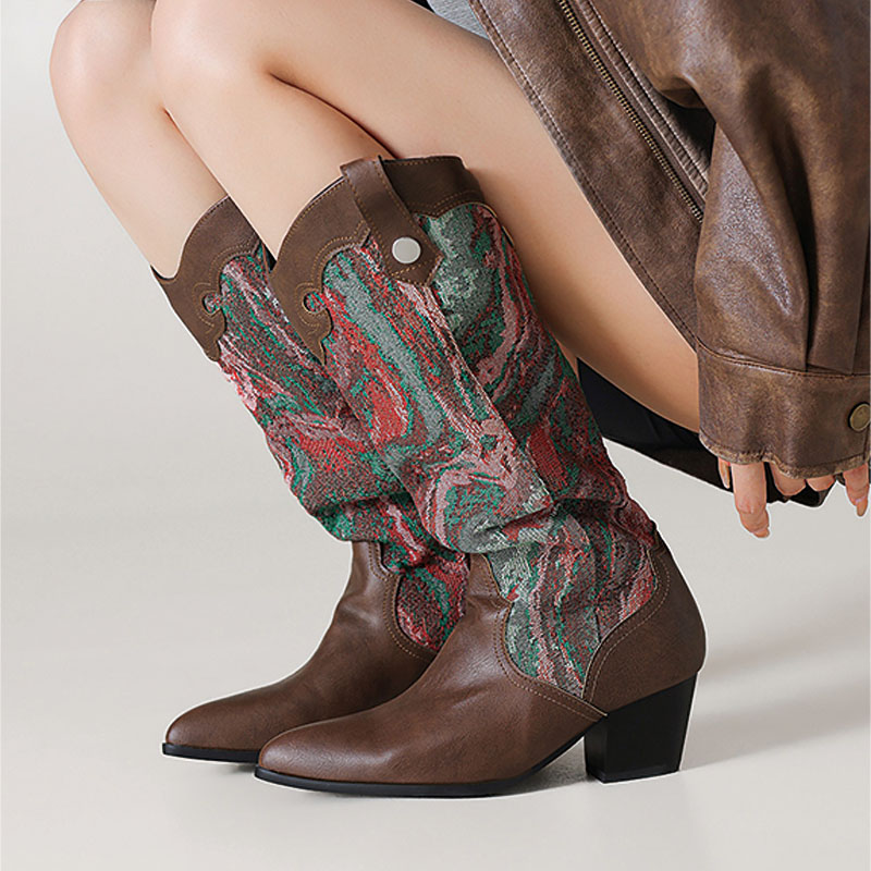 Shoeswoon Retro Embroidery‑Style Print Splice Pointed Toe Block Heel Western Boots