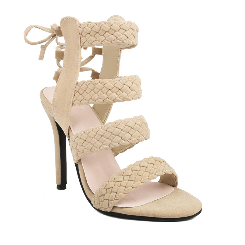 Shoeswoon Braided Strappy Open Toe Cutout Ankle Tie Caged Stiletto Heel Sandals