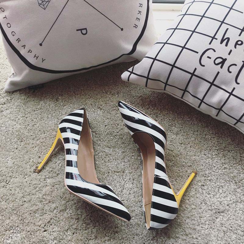 Shoeswoon Black White Striped Patent Pointed Toe Stiletto High Heel Pumps
