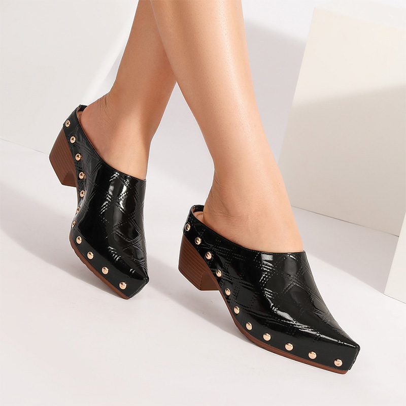 Shoeswoon Black Patent Quilted Gold Stud Slip On Chunky Heel Clog Mules