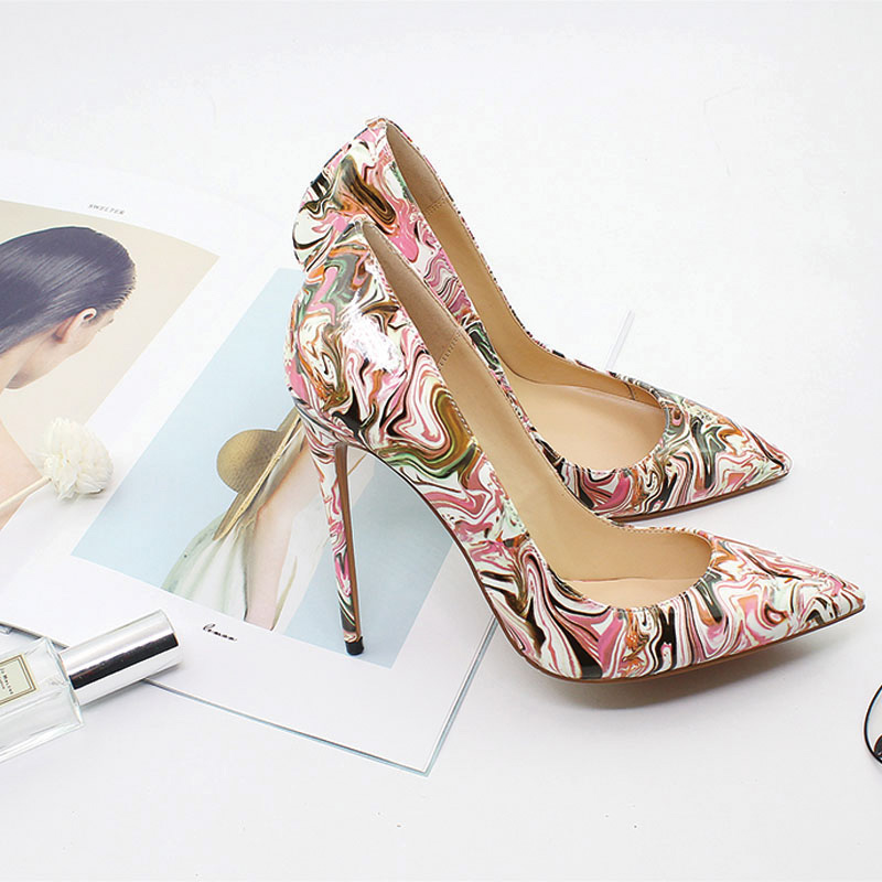 Shoeswoon Colorful Floral Print Patent Pointed Toe Slim Stiletto High Heel Pumps