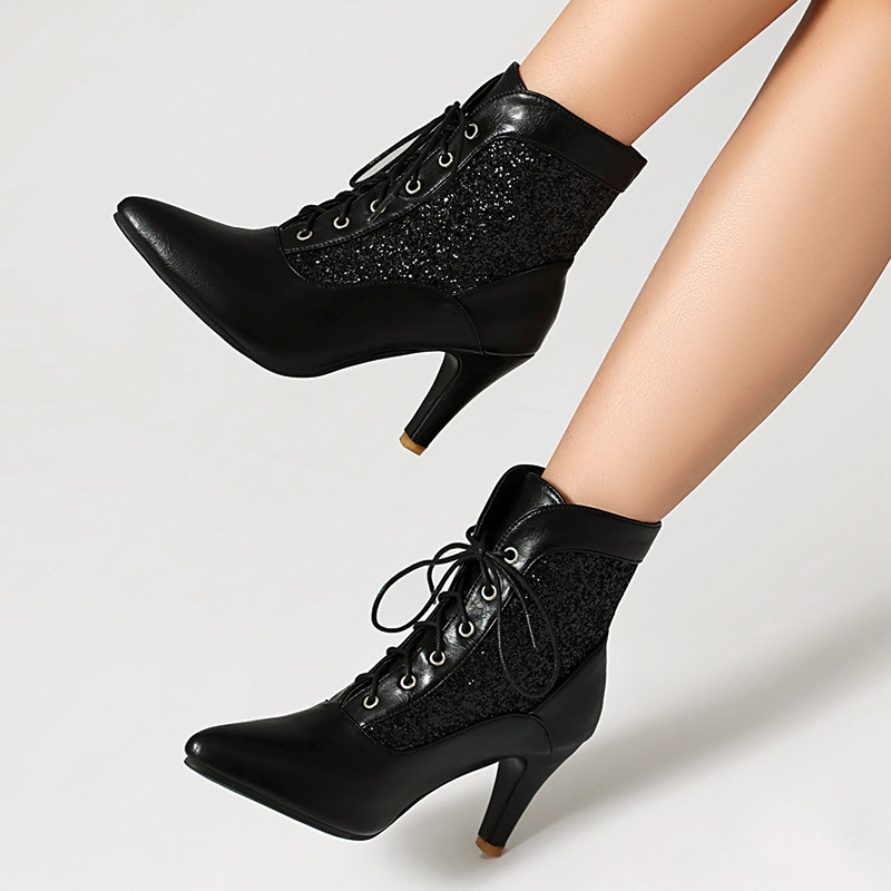 Shoeswoon Glitter Spliced Lace‑Up Pointed Toe Stiletto Ankle Boots