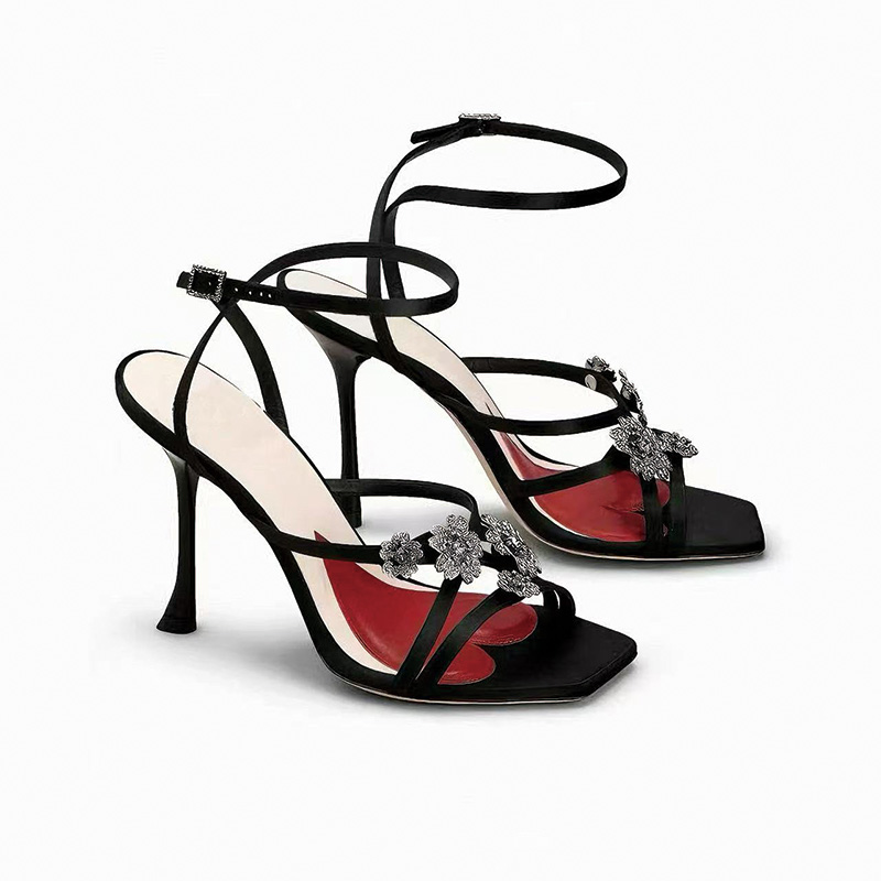 Shoeswoon Square Toe Crystal Floral Criss Cross Ankle Wrap Buckle Thin Stiletto Heel Sandals