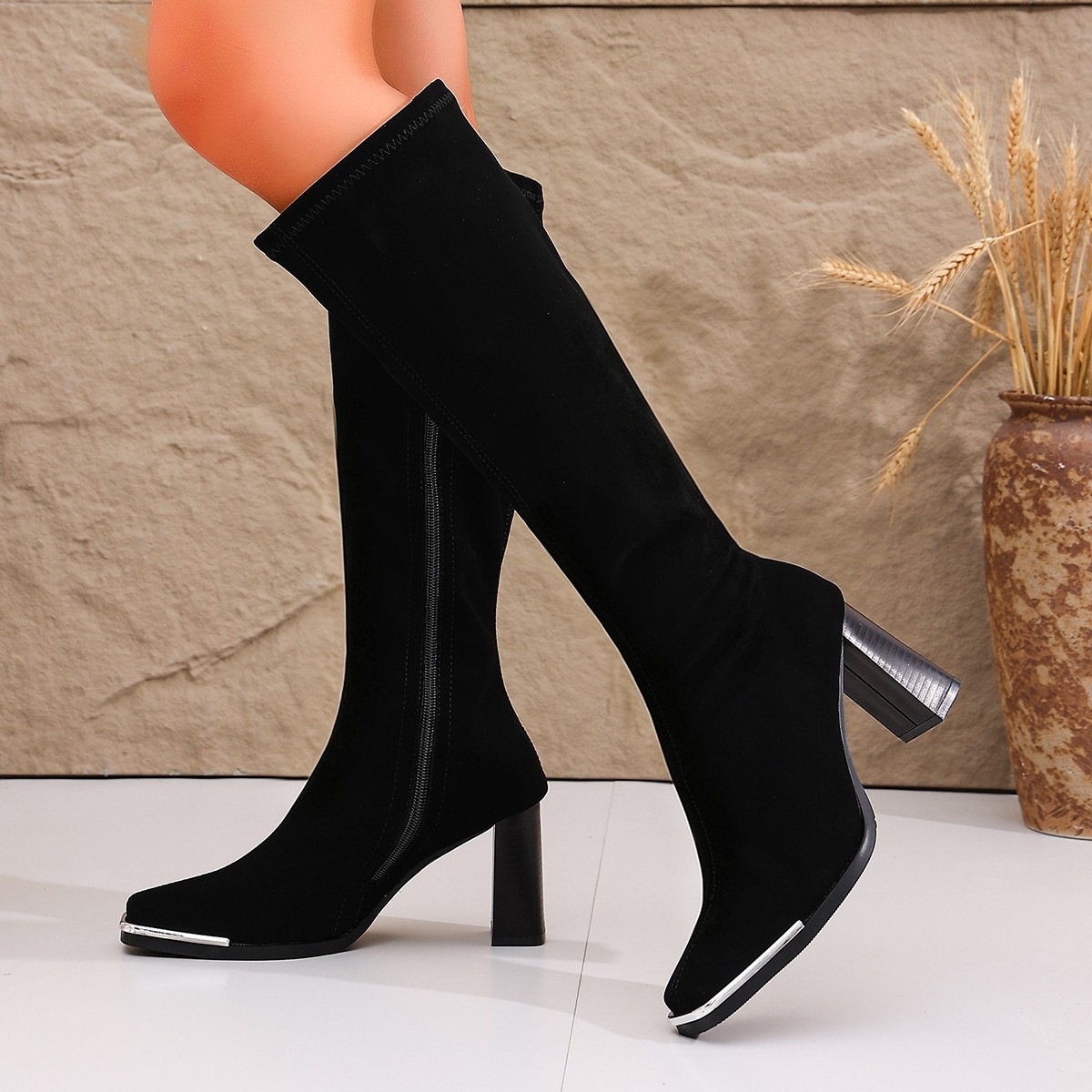 Shoeswoon Metal Square Toe Side Zipper Block Heel Knee High Boots