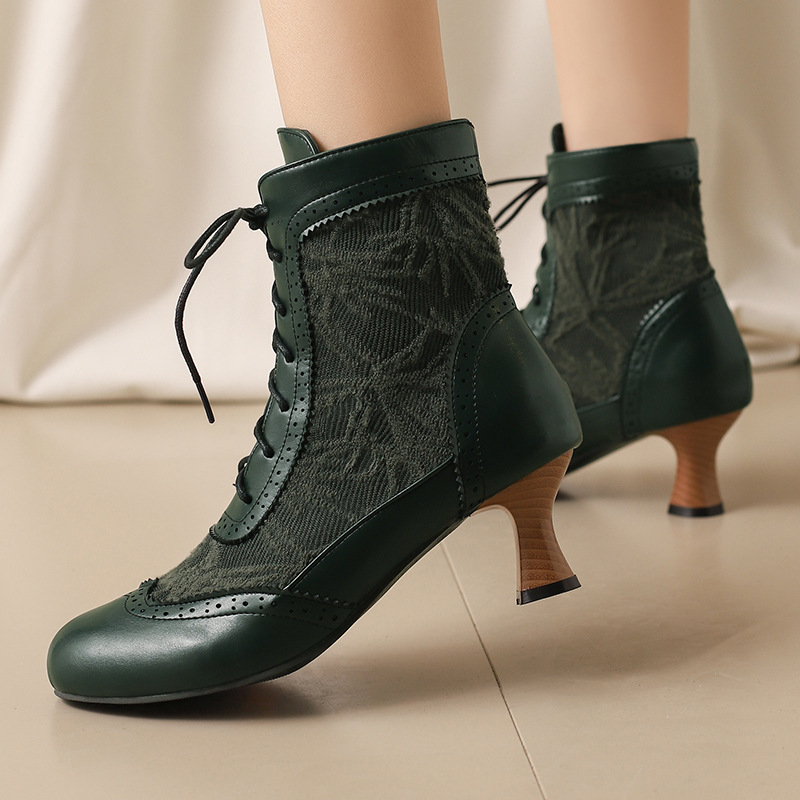 Shoeswoon Victorian Lace‑Panel Ankle Booties Brogue Trim Front Lace‑Up Kitten Heel