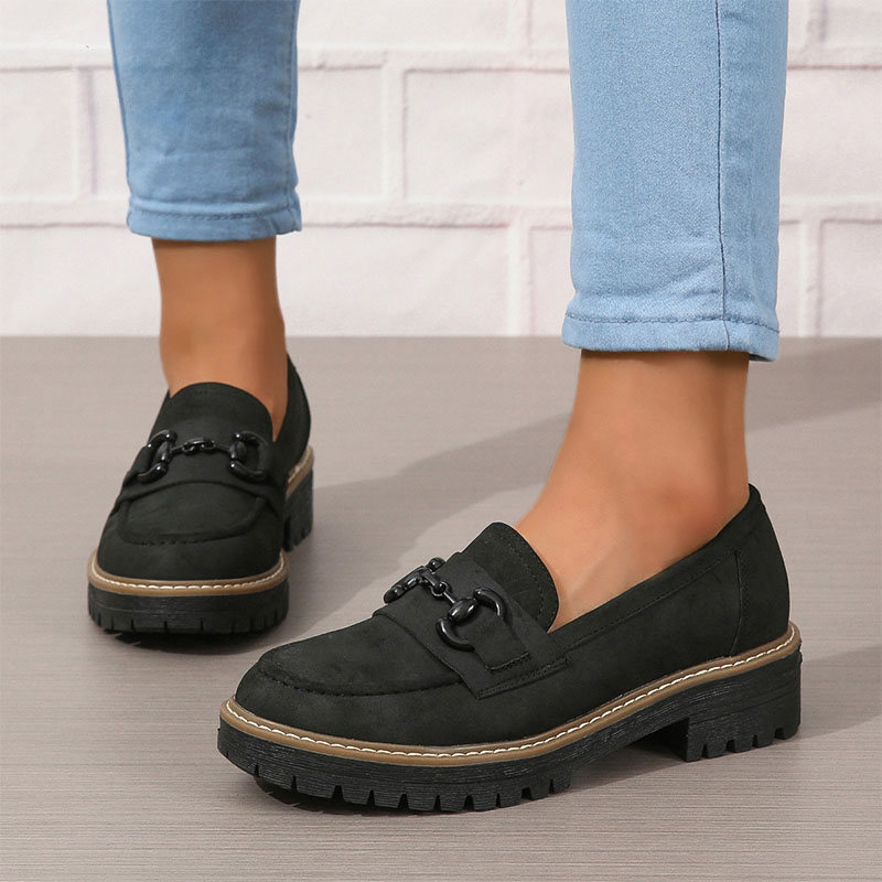 Shoeswoon Dusty Green Faux Suede Chain Buckle Chunky Platform Loafers