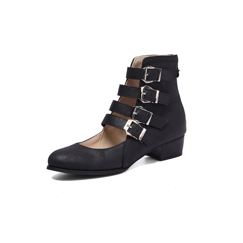 Shoeswoon Multi‑Buckle Cutout Ankle Booties Back Zipper Low Block Heel