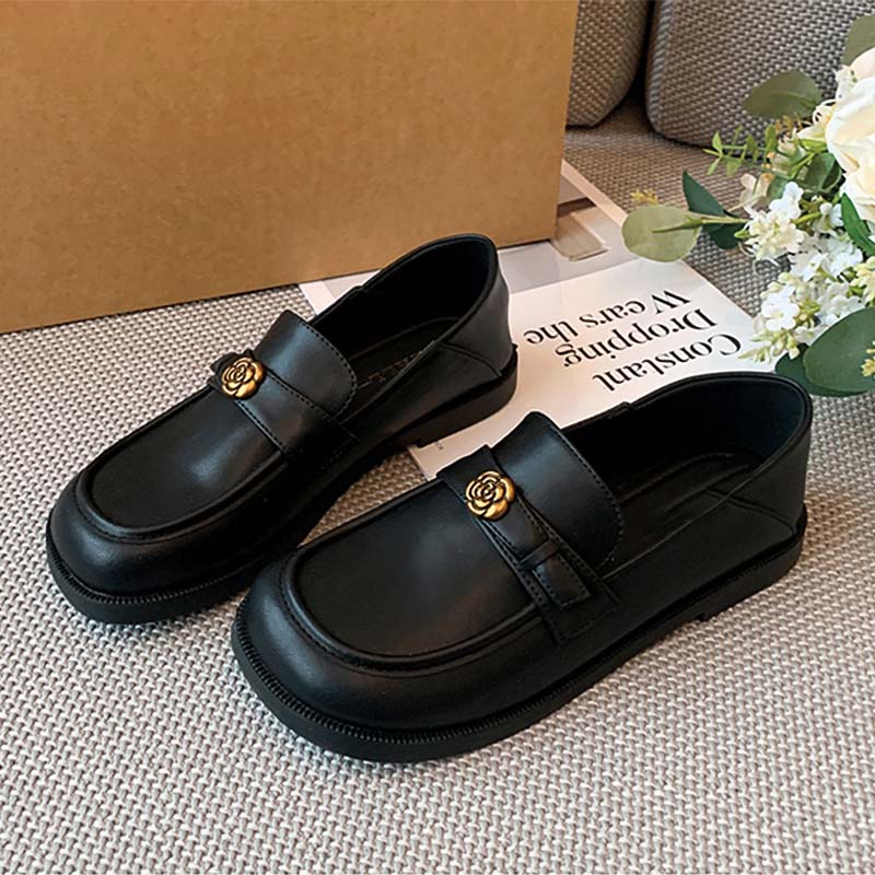 Shoeswoon Black Square Toe Gold Rose Metal Decor Slip‑on Loafers