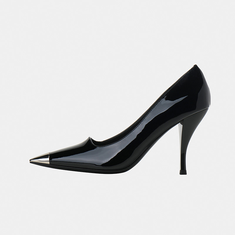 Shoeswoon Black Patent Metal Cap Pointed Toe Slip On Kitten Heel Pumps