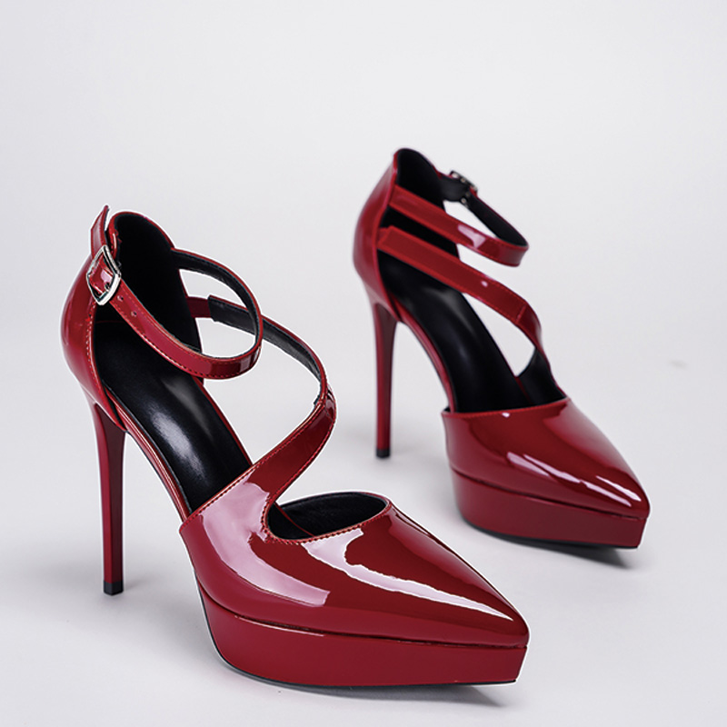 Shoeswoon Patent Pointed Toe Platform Asymmetric Strap Ankle Strap Stiletto Pumps