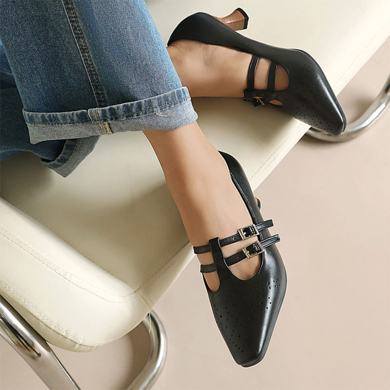 Shoeswoon Vintage Double‑Buckle Cut‑Out Square Toe Kitten‑Heel Mary Janes