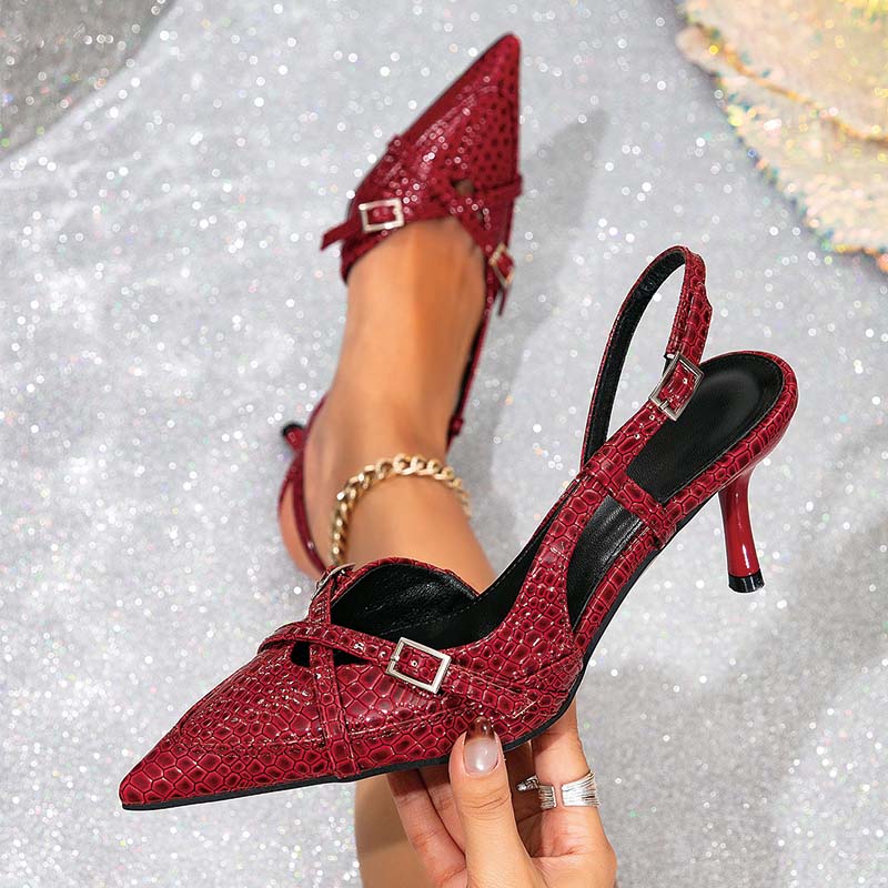 Shoeswoon Croc Embossed Pointed Toe Double Buckle Slingback Kitten Heels
