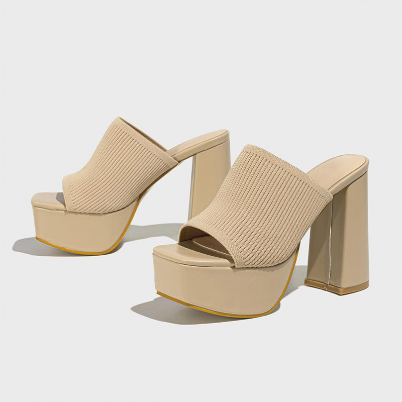 Shoeswoon Square Toe Knit Strap Platform Chunky Heel Mules