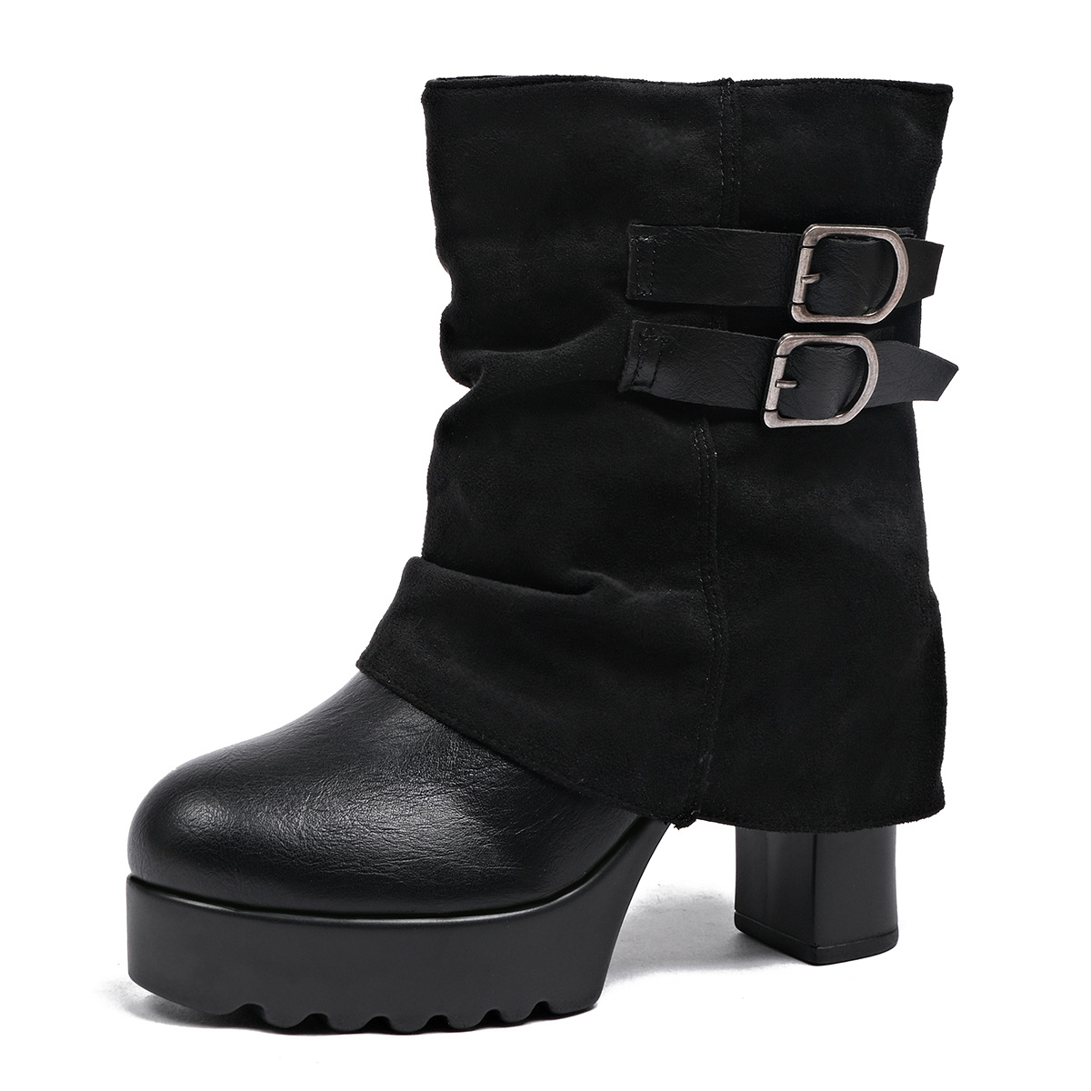 Shoeswoon Retro Dual Buckle Block Heel Fold Top Ankle Boots