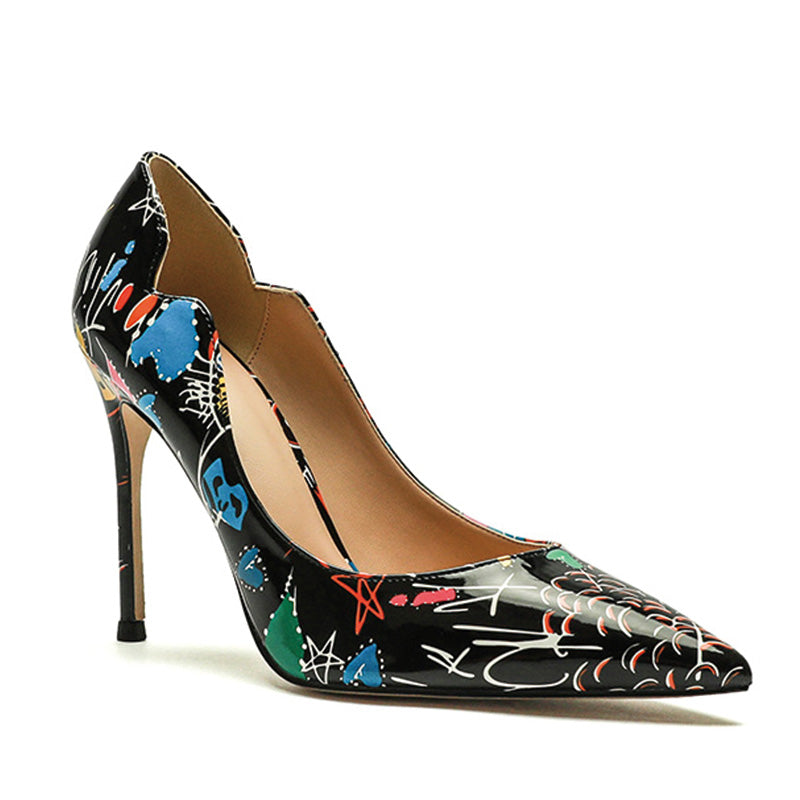 Shoeswoon Artistic Cut-Out Graffiti Print Pointed Toe Stiletto High Heels