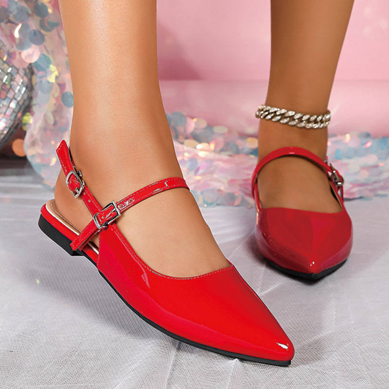 Shoeswoon Glossy Patent Pointed Toe Adjustable Strap Slingback Flat Sandals