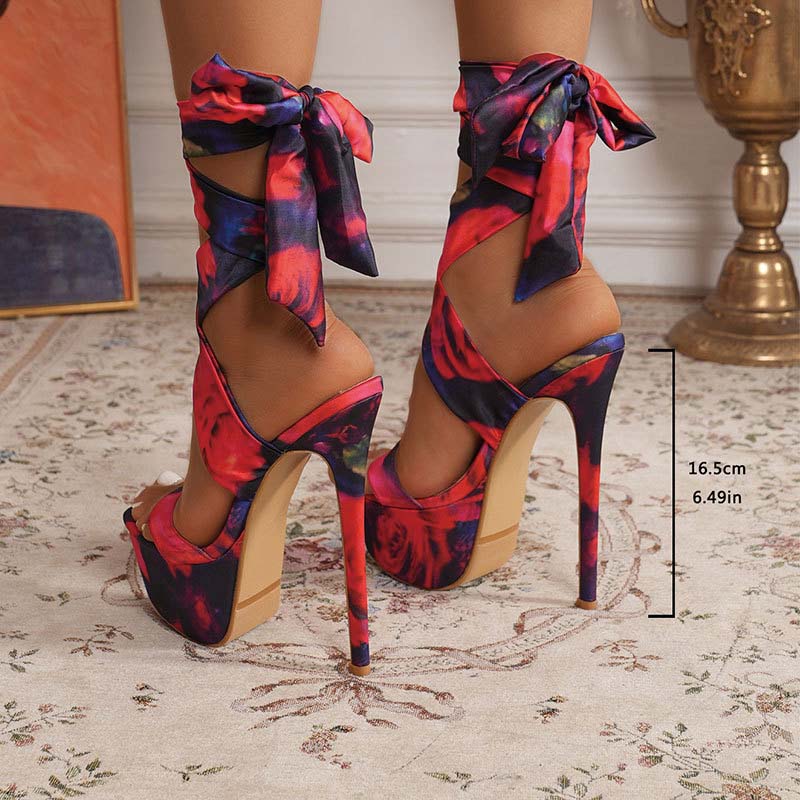 Shoeswoon Floral Print Satin Wrap Around Ankle Tie Platform Stiletto Sandals