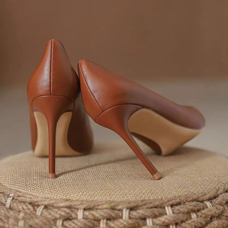 Shoeswoon Versatile Brown Low-vamp Pointed Toe Stiletto High Heels