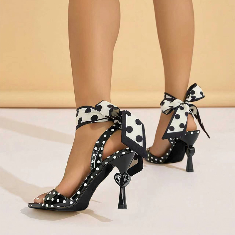 Shoeswoon Polka Dot Square Toe Stiletto Heel Floral Satin Ankle Wrap Sandals