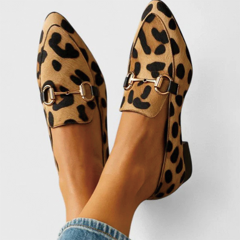 Shoeswoon Leopard Print Metal Horsebit Pointed Toe Slip‑on Loafers