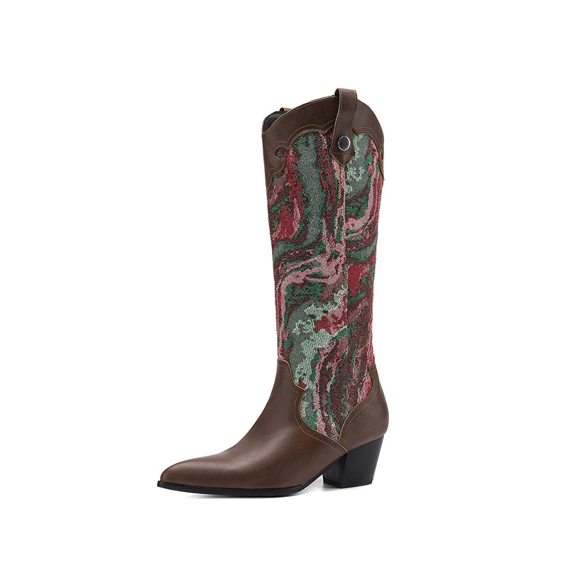 Shoeswoon Retro Embroidery‑Style Print Splice Pointed Toe Block Heel Western Boots
