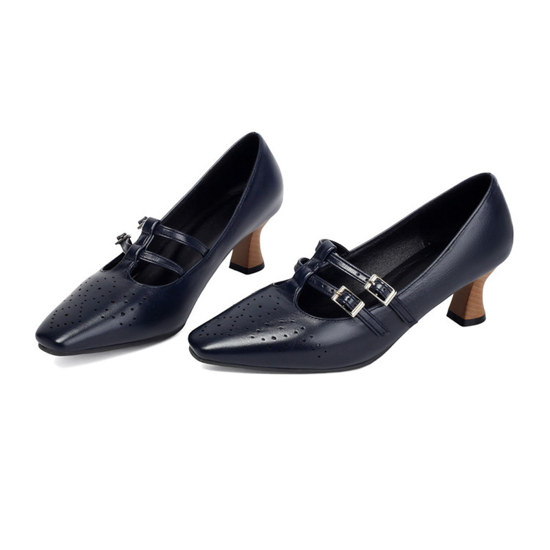 Shoeswoon Vintage Double‑Buckle Cut‑Out Square Toe Kitten‑Heel Mary Janes