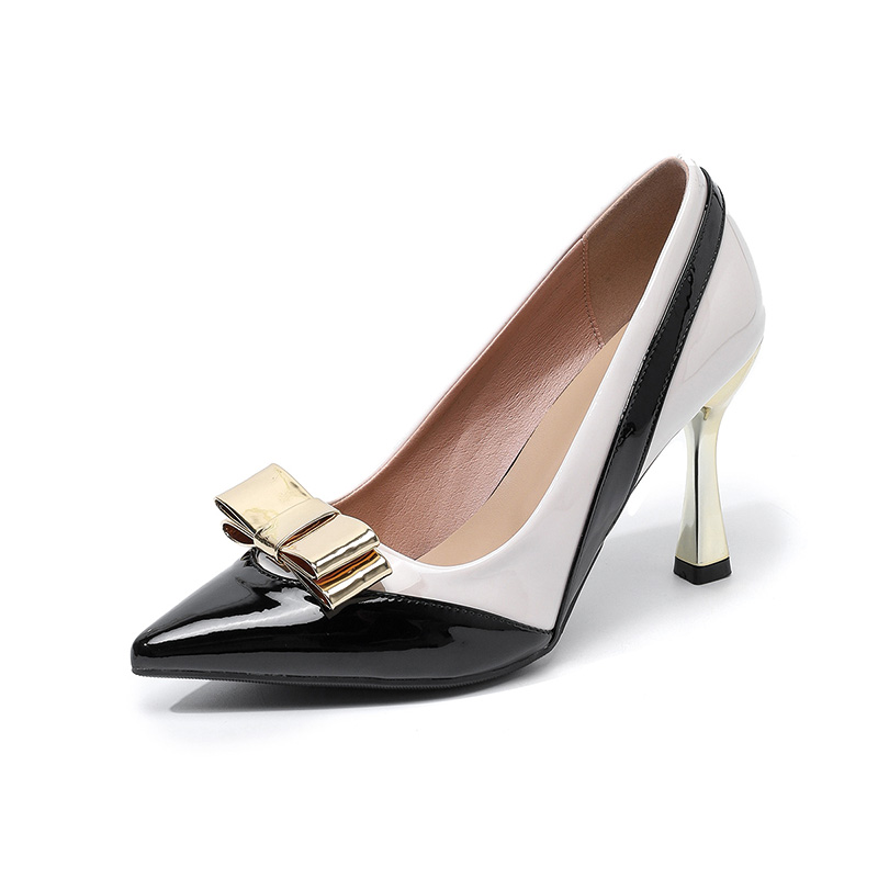 Shoeswoon Two Tone Patent Pointed Toe Metallic Gold Bow Flare Heel Pumps