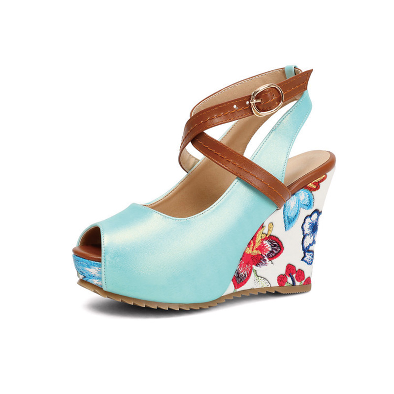 Shoeswoon Mint Floral Print Peep‑Toe Crisscross Ankle Strap Wedge Sandals