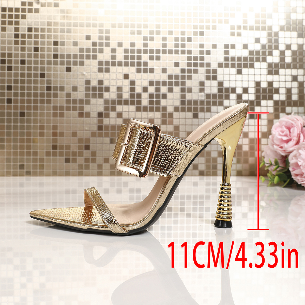 Shoeswoon Metallic Textured Pointed Toe Mule Sandals Dual‑Strap Adjustable Buckle Sculpted Stiletto Heel Party Shoes