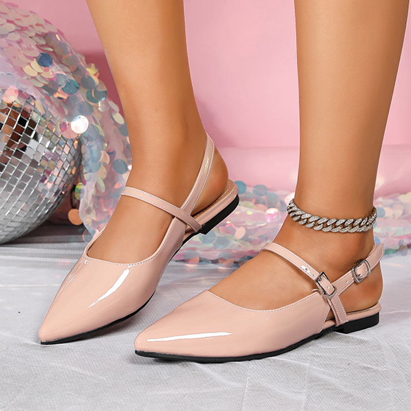 Shoeswoon Glossy Patent Pointed Toe Adjustable Strap Slingback Flat Sandals