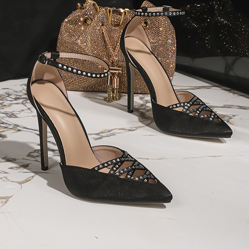Shoeswoon Satin Pointed Toe Crisscross Rhinestone Ankle Strap D'Orsay Stiletto Pumps