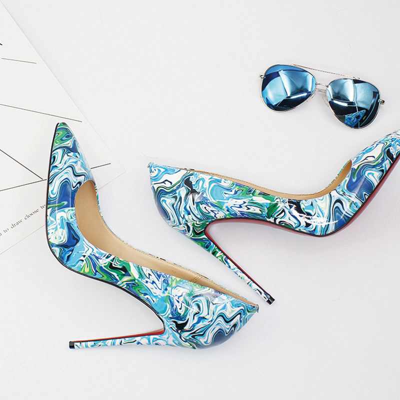 Shoeswoon Colorful Floral Print Patent Pointed Toe Slim Stiletto High Heel Pumps