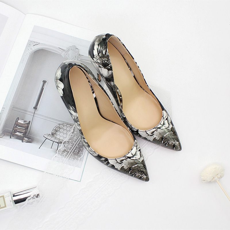 Shoeswoon Colorful Floral Print Patent Pointed Toe Slim Stiletto High Heel Pumps