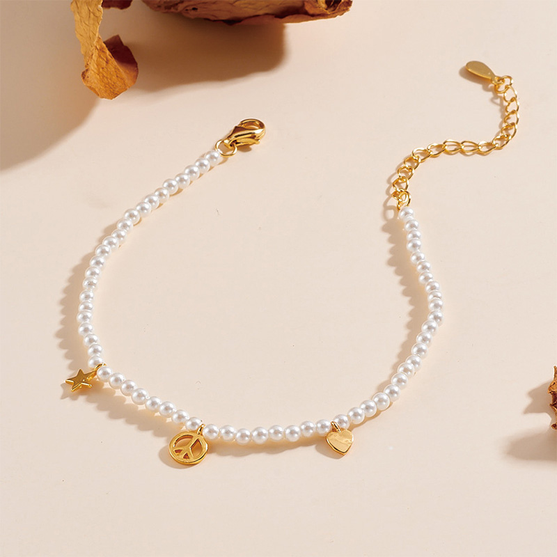 Shoeswoon Pearl Beaded Peace Star Heart Charm Adjustable Anklet