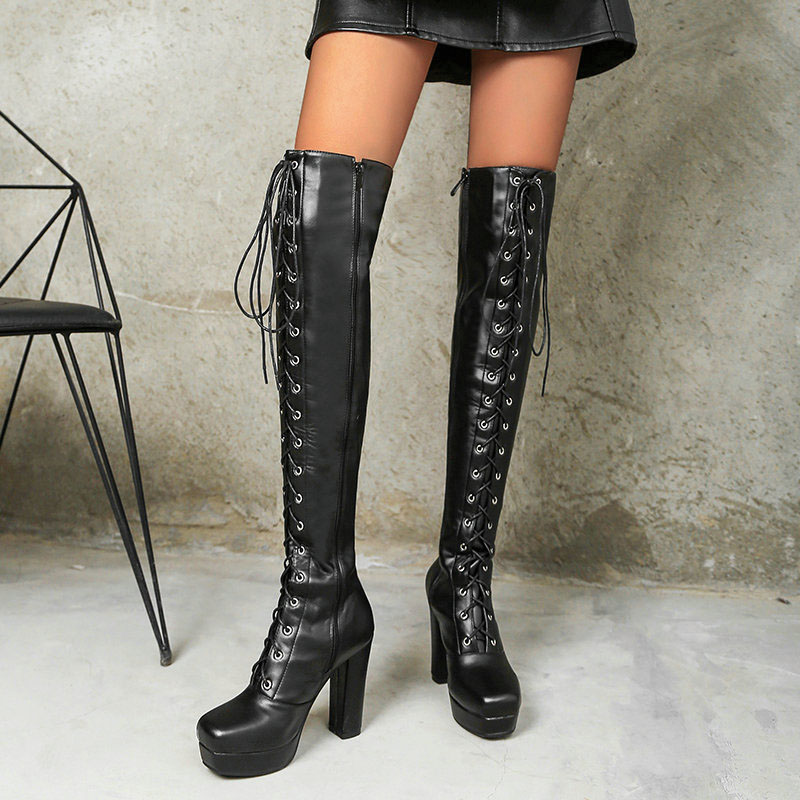 Shoeswoon Gothic Black Lace‑Up Side‑Zip Platform Block Heel Over Knee Boots