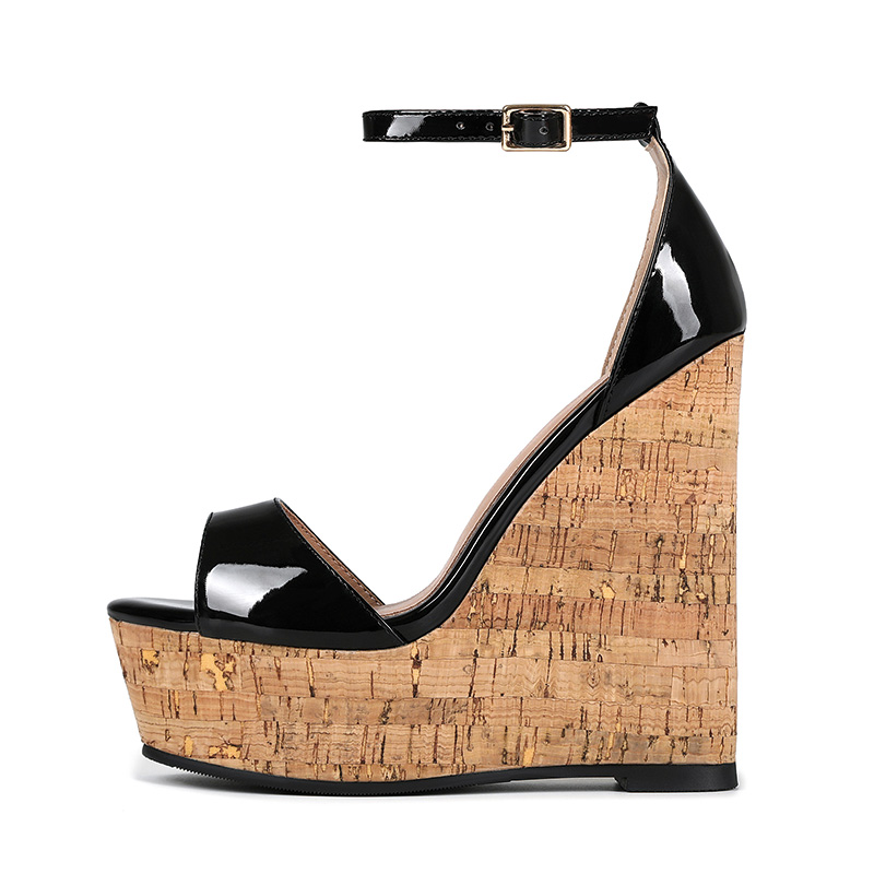 Shoeswoon Black Patent Peep Toe Ankle Strap Natural Cork Platform Wedge Sandals
