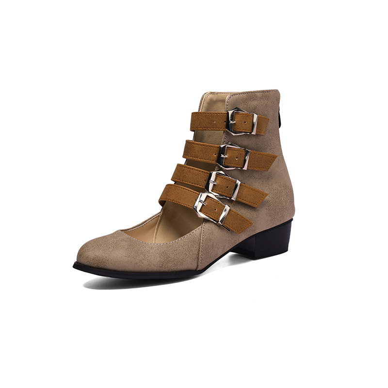 Shoeswoon Multi‑Buckle Cutout Ankle Booties Back Zipper Low Block Heel