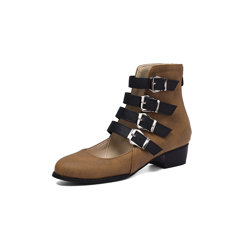 Shoeswoon Multi‑Buckle Cutout Ankle Booties Back Zipper Low Block Heel