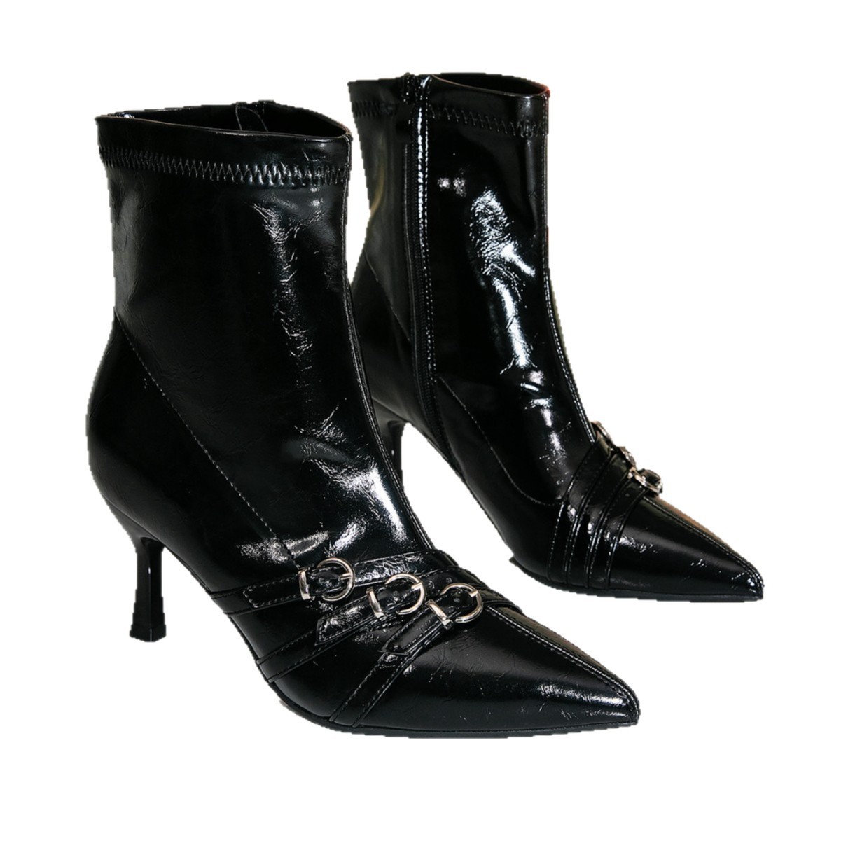 Shoeswoon Patent Pointed‑Toe Ankle Booties Multi Metal Rings Kitten Heel