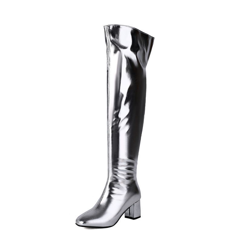 Shoeswoon Fashion Metallic Finish Square Toe Knee High Party Boots