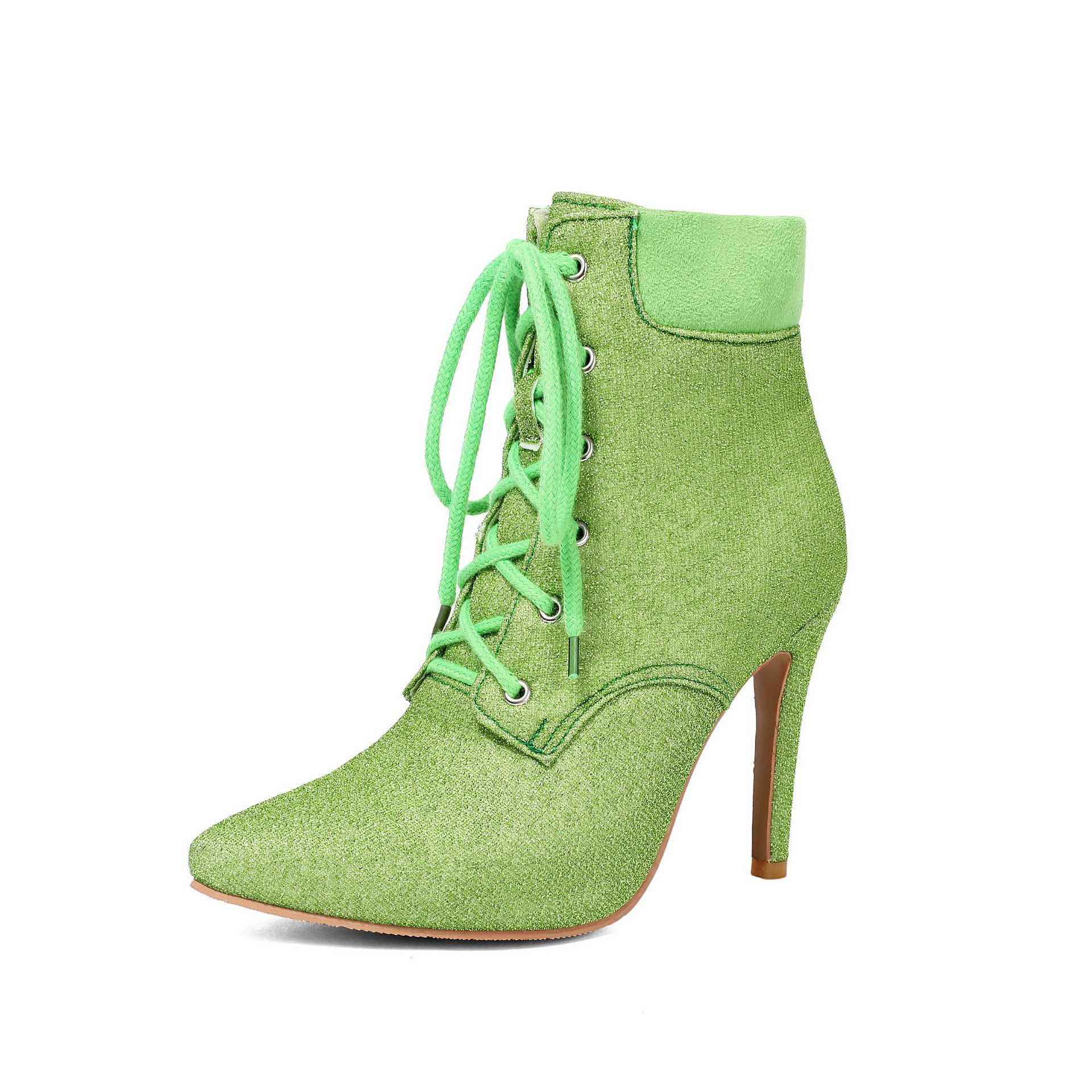 Shoeswoon Glitter Pointed‑Toe Ankle Booties Front Lace‑Up Design Slim Stiletto Heel