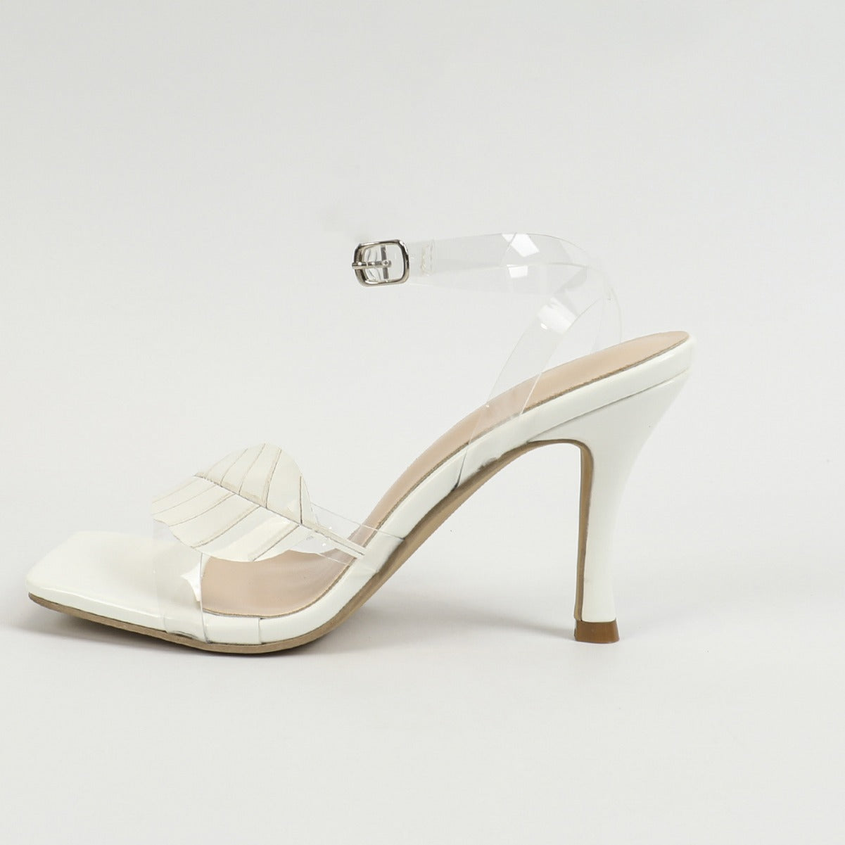 Shoeswoon Square-Toe Leaf Accent Stiletto Sandals