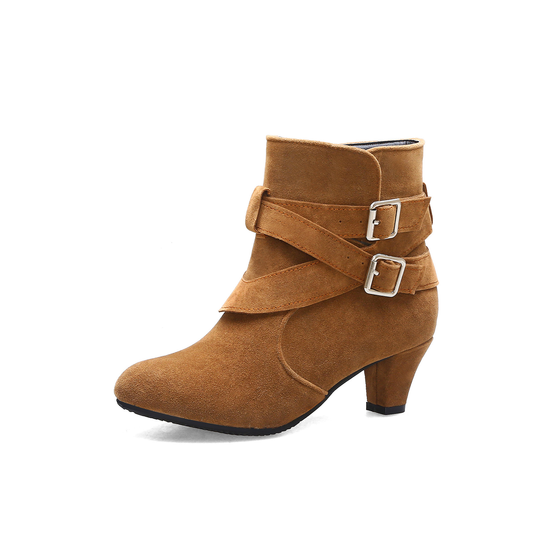 Shoeswoon Suede‑Texture Ankle Boots Multi‑Buckle Wrapped Straps Round Toe Low Block Heel