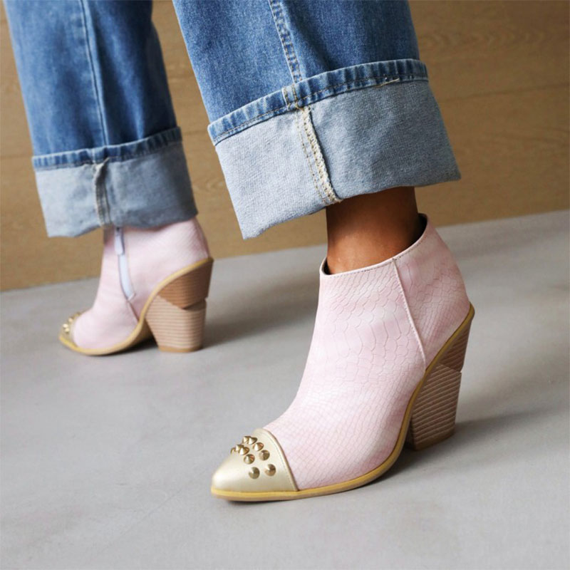 Shoeswoon Fashion Patchwork Stud Decor Pointed Toe Wood‑Look Wedge Heel Ankle Boots