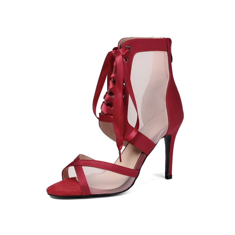 Shoeswoon Mesh Lace‑Up Open Toe Back Zip Stiletto Ankle Boot Sandals