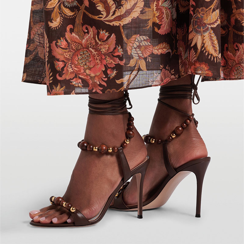 Shoeswoon Wood Bead Embellished Metallic Leather Lace‑Up Stiletto Sandals