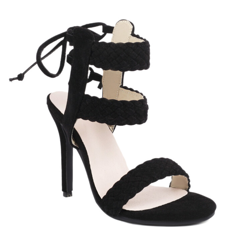 Shoeswoon Suede‑Look Braided Woven Straps Back Lace‑Up High Heel Sandals
